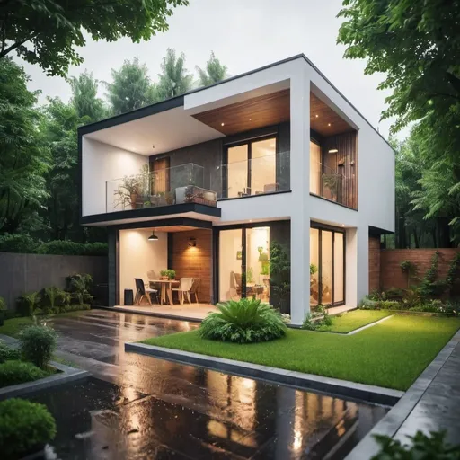 Prompt: small modern house with beautiful garden is being poured by rain