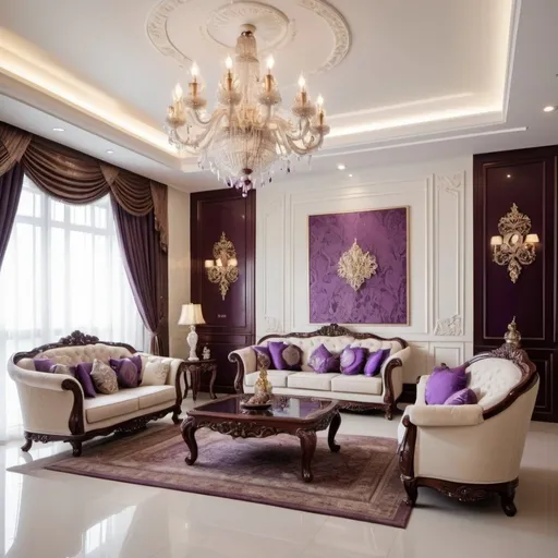 Prompt: a very luxurious living room, spacious and elegant with a combination of ivory white, purple, coklat tua, merah muda lembut with complete furniture with luxurious wooden carved guest chairs and a large super luxurious cupboard including a super luxurious crystal chandelier and others