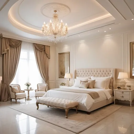 Prompt: a luxurious bedroom with soft ivory white colors, looks comfortable, with super luxurious windows and curtains and interior as well as luxurious lamps, luxurious glass and laminates and so on