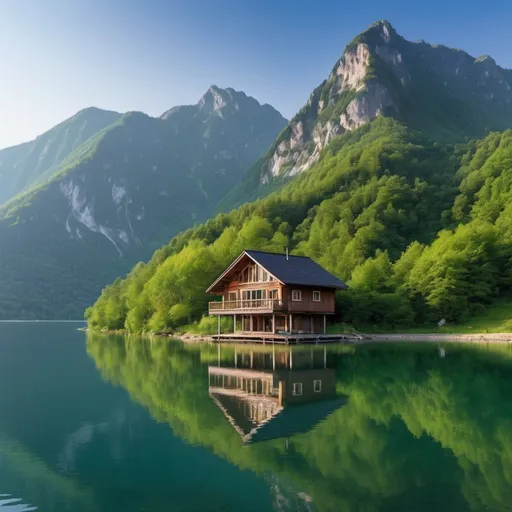 Prompt: A wooden house on the edge of a wide lake and the water is crystal clear with a beautiful green mountain beckground and clear sky