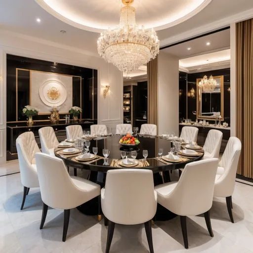 Prompt: super luxurious dining table with 10 dining chairs, served super luxurious food including steak, fruit, drinks with very luxurious tableware and a very luxurious dining room with a dominant ivory white color