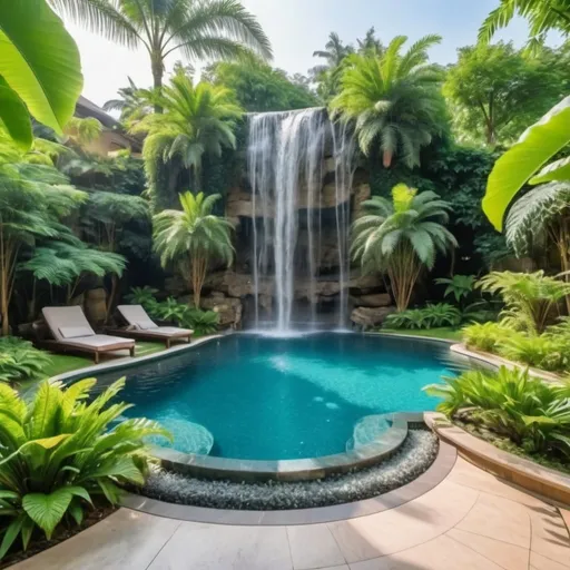 Prompt: a very luxurious and large private swimming pool with a beautiful garden and a very luxurious waterfall, in the backyard of the house which is very spacious and beautiful green
