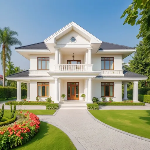 Prompt: Super large luxury modern two-story ivory white house with green garden and colorful flowers, front view, kulitas photo 