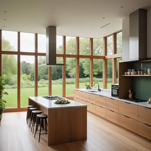 Prompt: a modern kitchen  in a room with a tall and wide wood glass windows, with views out over the vast green garden