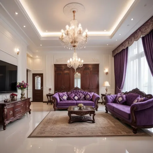 Prompt: a very luxurious living room, spacious and elegant with a combination of ivory white, purple, coklat tua, merah muda lembut with complete furniture with luxurious wooden carved guest chairs and a large super luxurious cupboard including a super luxurious crystal chandelier and others