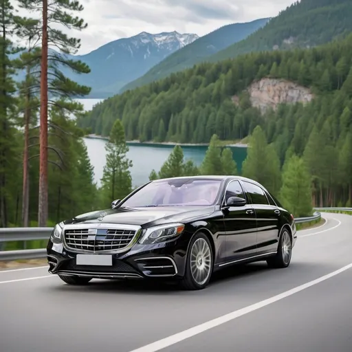 Prompt: A brand new black Mercedes Benz S600 is driving on a smooth asphalt road, on the edge of a clear lake with a green mountain and pine trees in the background along the road. The driver is a handsome young executive