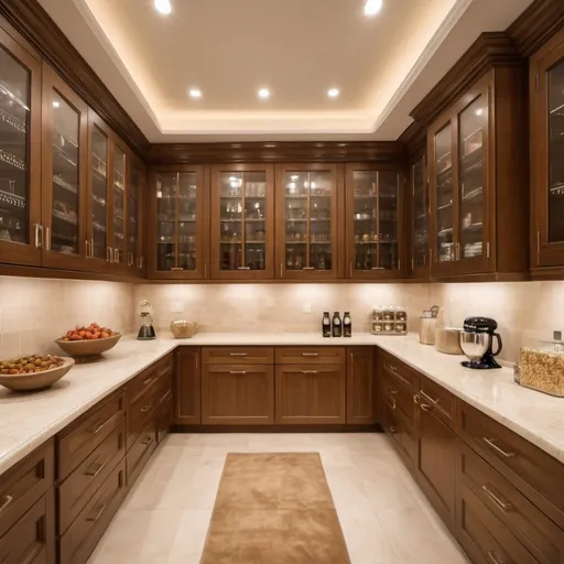 Prompt: A very luxurious and spacious pantry with very complete and luxurious equipment dominated by ivory white and luxurious light brown