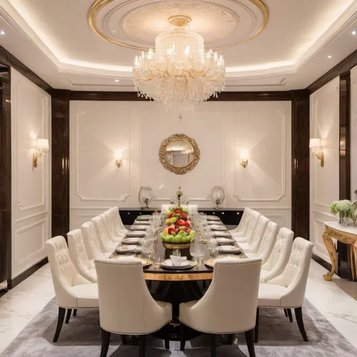 Prompt: super luxurious dining table with 10 dining chairs, served super luxurious food including steak, fruit, drinks with very luxurious tableware and a very luxurious dining room with a dominant ivory white color