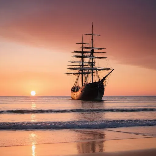 Prompt: a ship on the beach when beautiful sunset