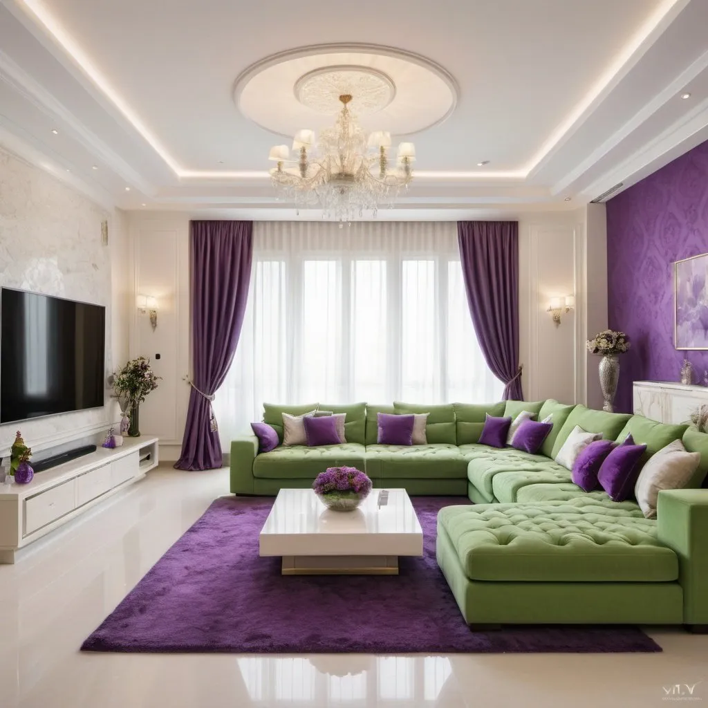 Prompt: A very luxurious and elegant family room with a combination of ivory white, green and purple. with complete furniture starting from luxury sofas, super large screen TVs, luxury lamps and so on