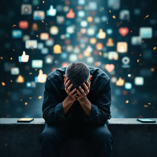 Prompt: GENERAR UNA IMAGEN DE UN HOMBRE TRISTE SIENDO JUZGADO POR CONOS DE LAS REDES SOCIALES
