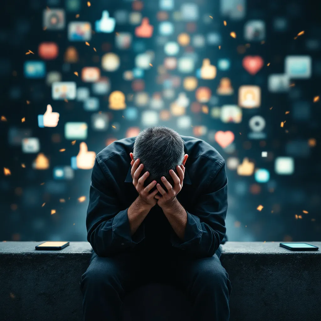 Prompt: GENERAR UNA IMAGEN DE UN HOMBRE TRISTE SIENDO JUZGADO POR CONOS DE LAS REDES SOCIALES
