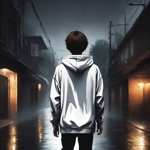 Prompt: Boy, brown hair
white hoodie
walking in a street under a massive rain
Dark fantasy
back view