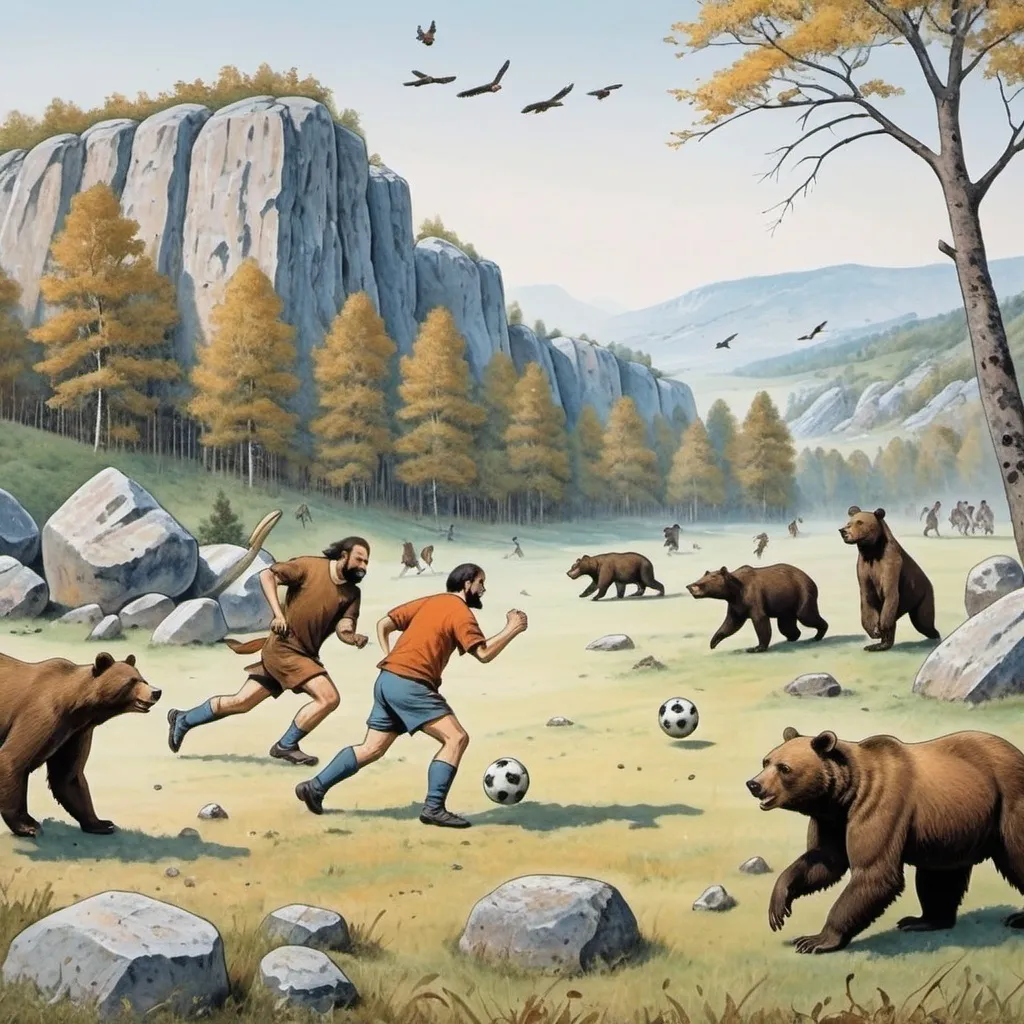 Prompt: a painting of a group of people playing soccer with animals and bears in a field with rocks and trees, Edi Rama, primitivism, official art, an illustration of