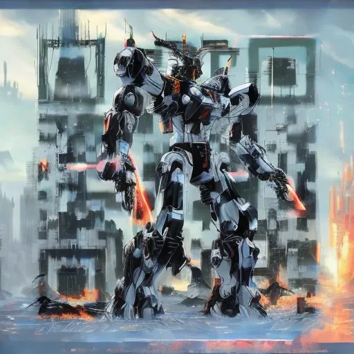 Prompt: masterpiece, best quality, mecha, no humans, black armor, blue eyes, science fiction, fire, laser canon beam, war, conflict, destroyed city background