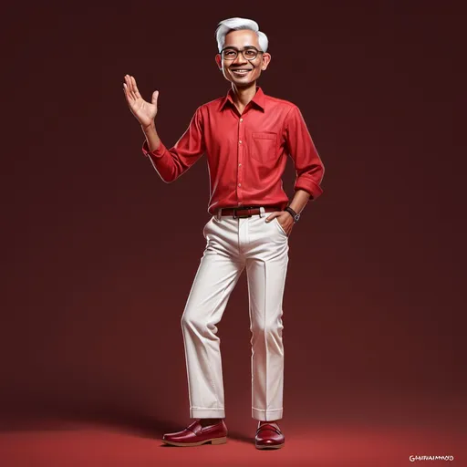 Prompt: #prompt02_ganjar Pranowo=realistic 4d caricature of indonesian man aged 35 years old,thin body,tall,wearing plain shirt red color,white hair,format trousers,loafers,standing with rock and roll pose,dark red gradient background