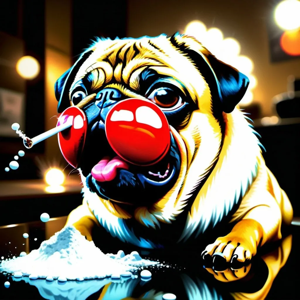 Prompt: Realistic illustration of a pug snorting cocaine, detailed fur with natural reflections, comical expression, gritty urban setting, exaggerated snorting action, illicit substance, high quality, hyper-realistic, comical, urban, humorous, detailed fur, exaggerated action, professional, dramatic lighting