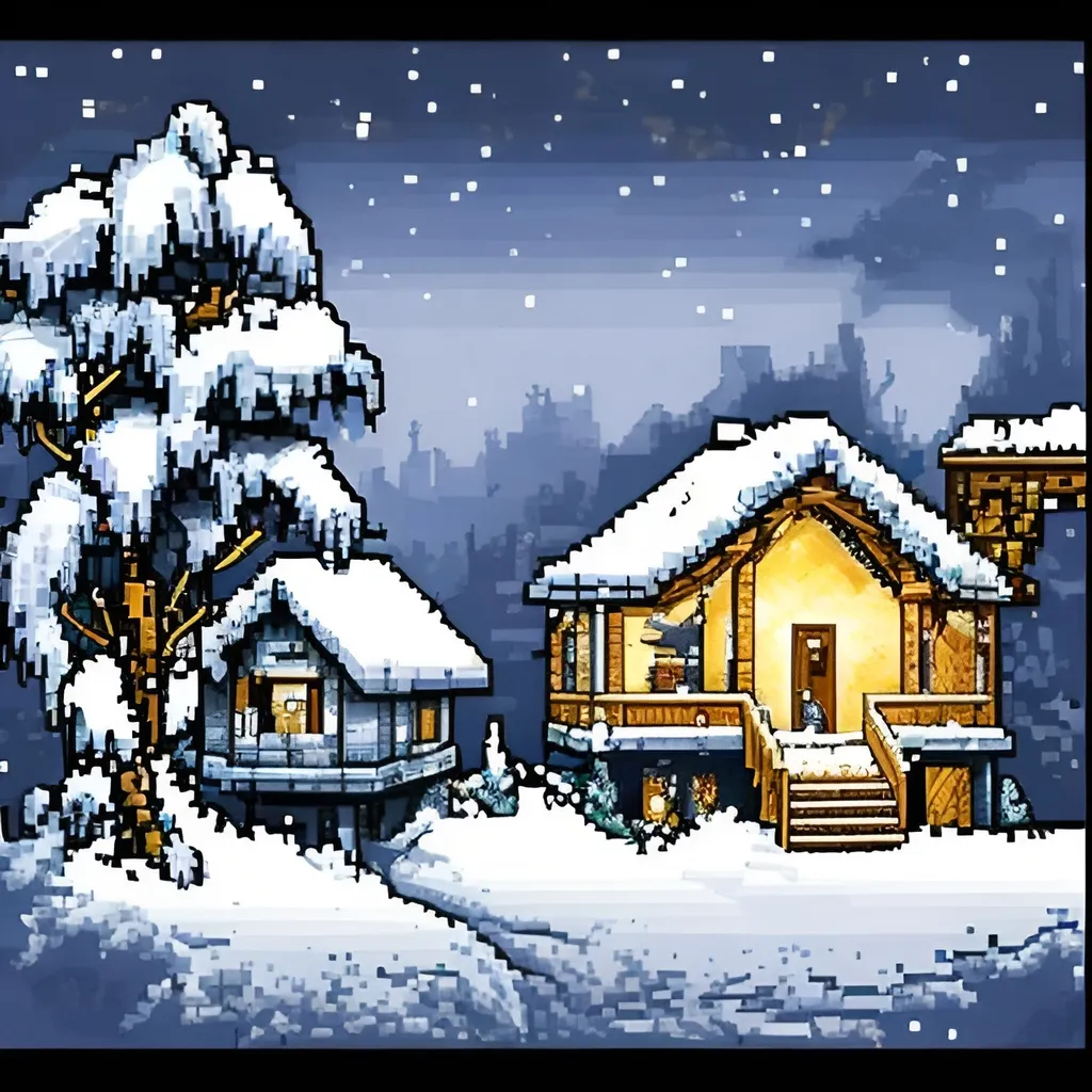 Prompt: Highly-detailed Pixel art. It's winter and the snow is slowly falling. There is a feeling of solitude. It's also dark