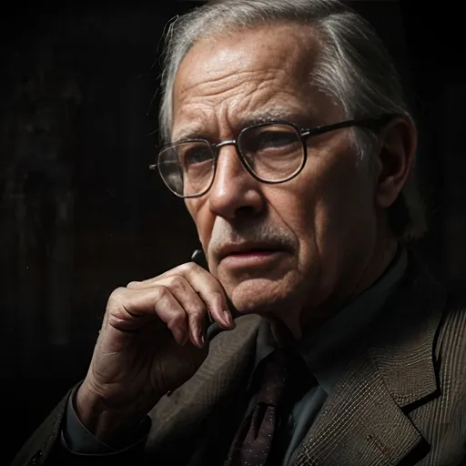 Prompt: A cinematic portrait of an elderly man with a thoughtful expression, wearing vintage glasses and a classic dark brown suit. He is speaking into an old microphone, with a subtle white audio waveform floating beside his face. The background is dark and moody, with dramatic lighting focused on his face, creating a philosophical and introspective atmosphere.”
