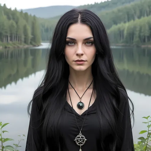 Prompt: long black hair witch, pretty face, no hat, black clothes, wearing a talisman necklace, with a forrest lake in the background.