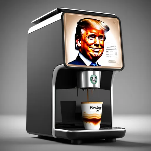 Prompt: wendougee coffee machine, 3d element, with Trump element, hero