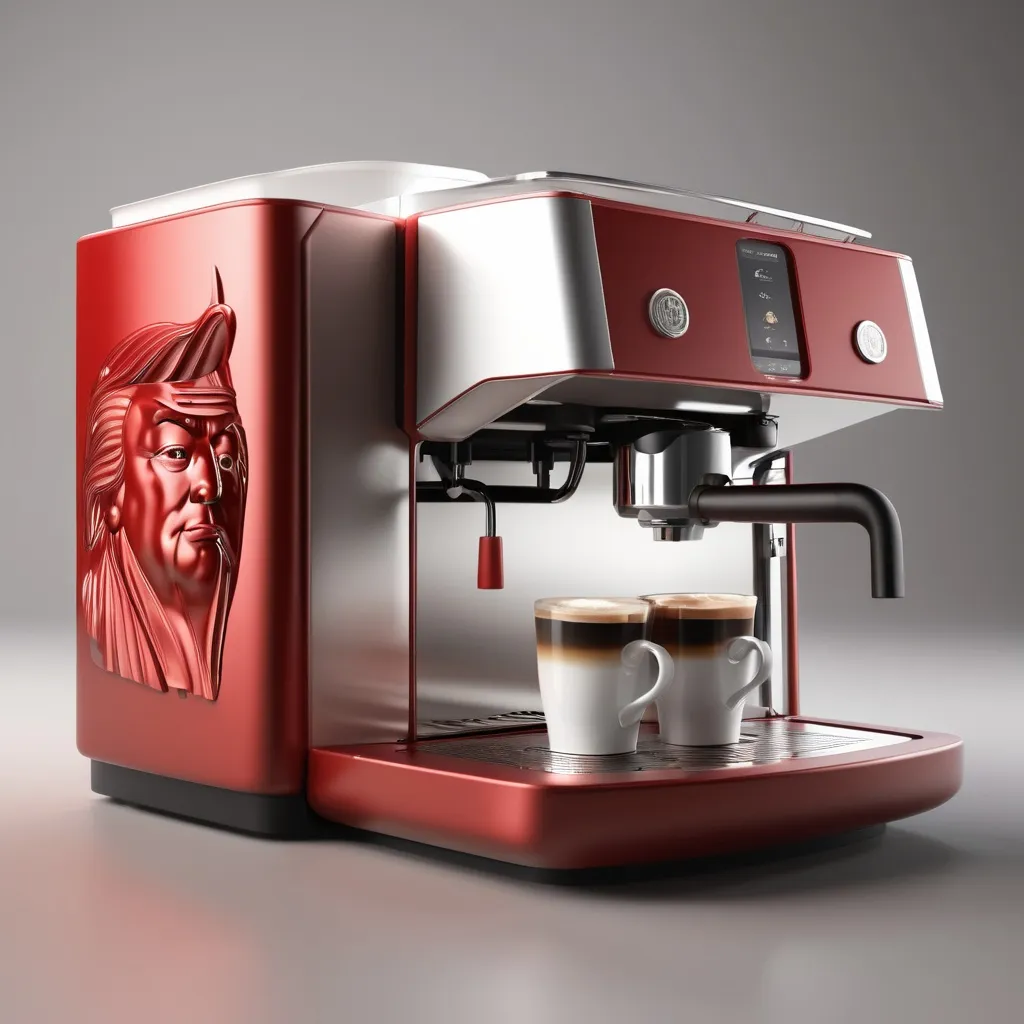 Prompt: wendougee coffee machine, 3d element, with Trump , and china red element