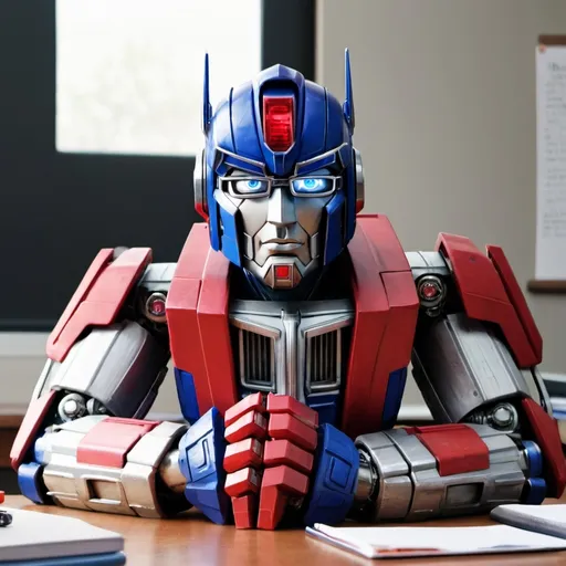 Prompt: Optimus prime wearing glasses sitting at a desk