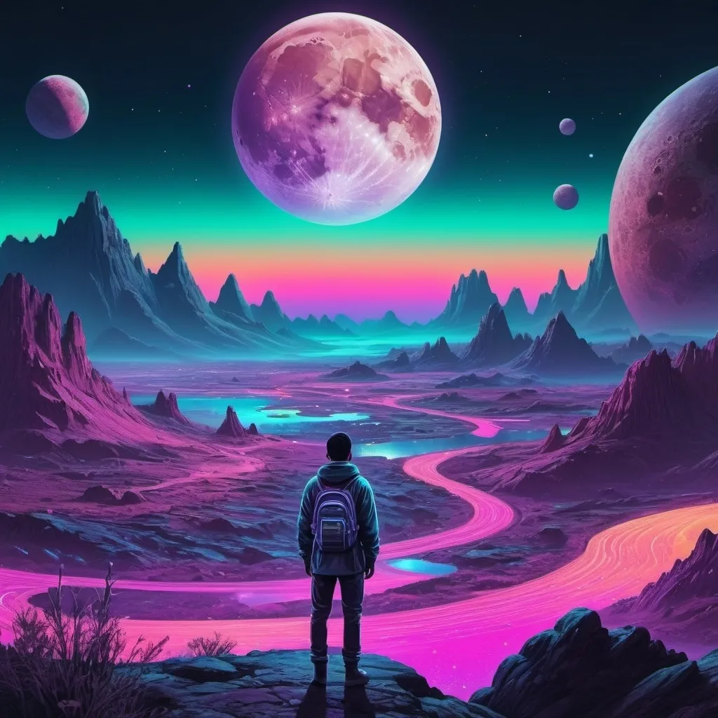 Prompt: A person watching the moon, planets, and the cosmos setting over a landscape. Neon iridescent aesthetic. Highly detailed.