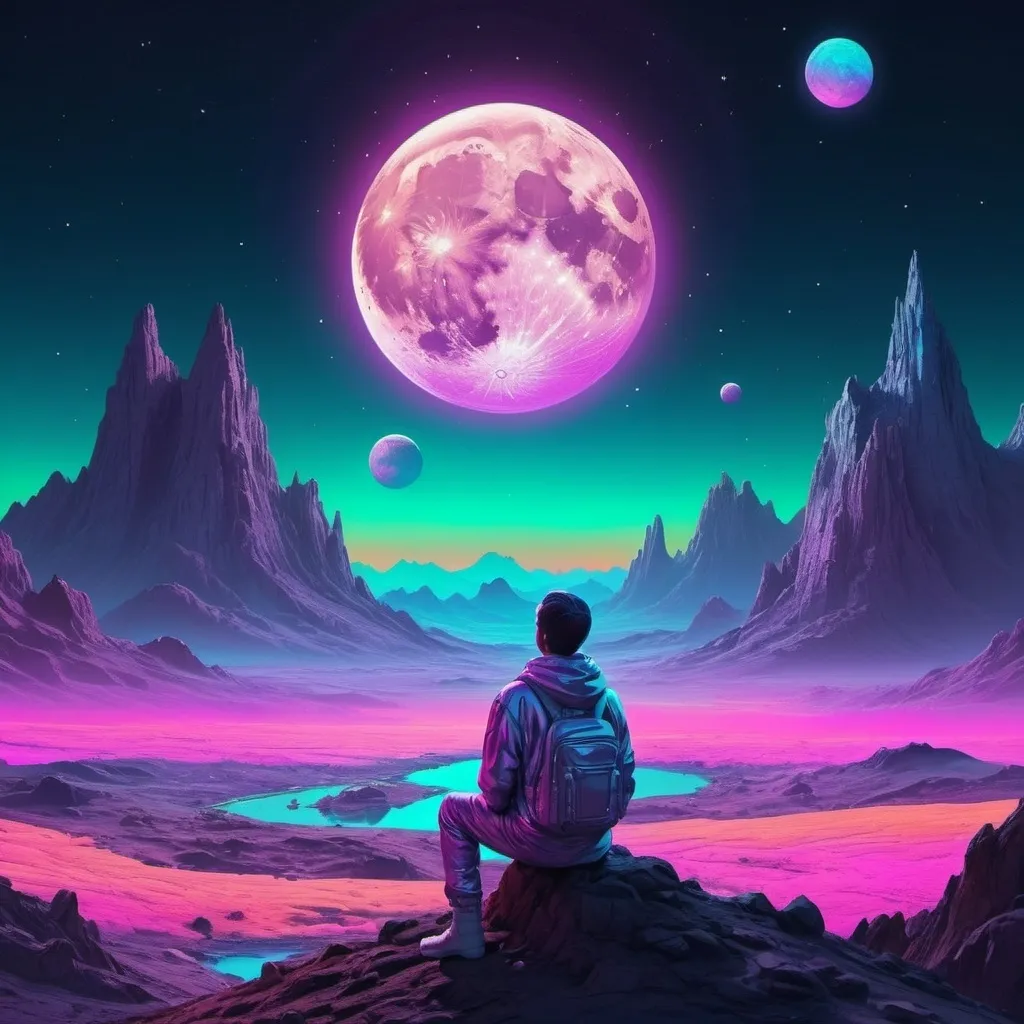 Prompt: A person watching the moon, planets, and the cosmos setting over a landscape. Neon iridescent aesthetic. Highly detailed.