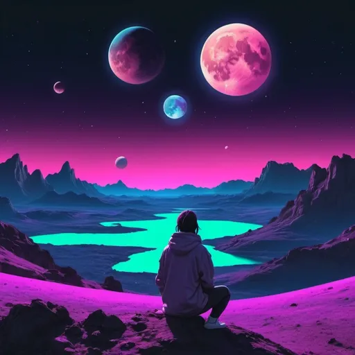 Prompt: A person watching planets, the moon, and the cosmos over a landscape. Neon aesthetic. 