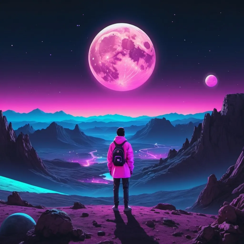 Prompt: A person watching the moon, planets, and the cosmos setting over a landscape. Neon aesthetic. 