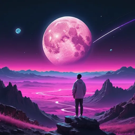 Prompt: A person watching the moon, planets, and the cosmos setting over a landscape. Neon aesthetic. 