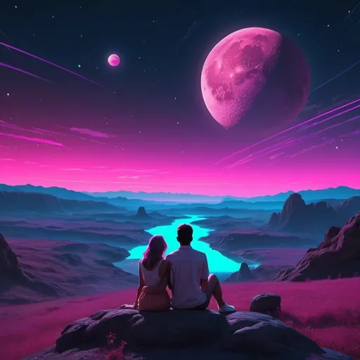 Prompt: A passionate couple watching the moon, planets, and the cosmos setting over a landscape. Neon aesthetic. 