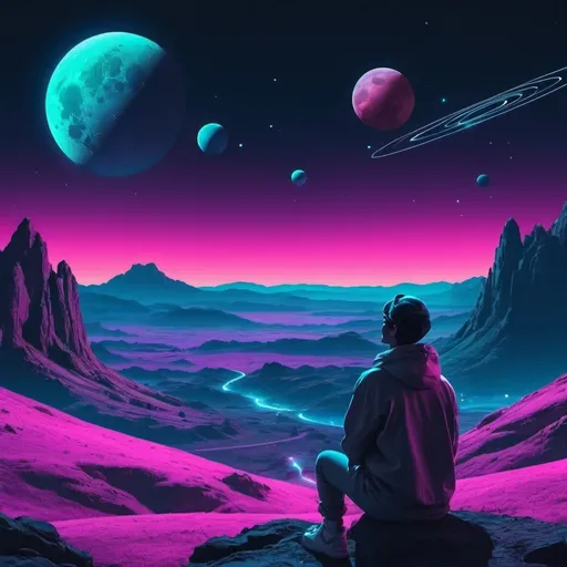 Prompt: A person watching planets, the moon, and the cosmos over a landscape. Neon aesthetic. 