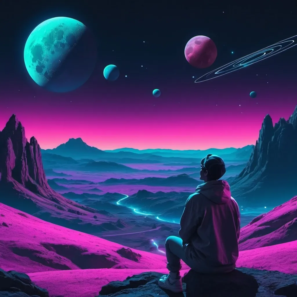 Prompt: A person watching planets, the moon, and the cosmos over a landscape. Neon aesthetic. 