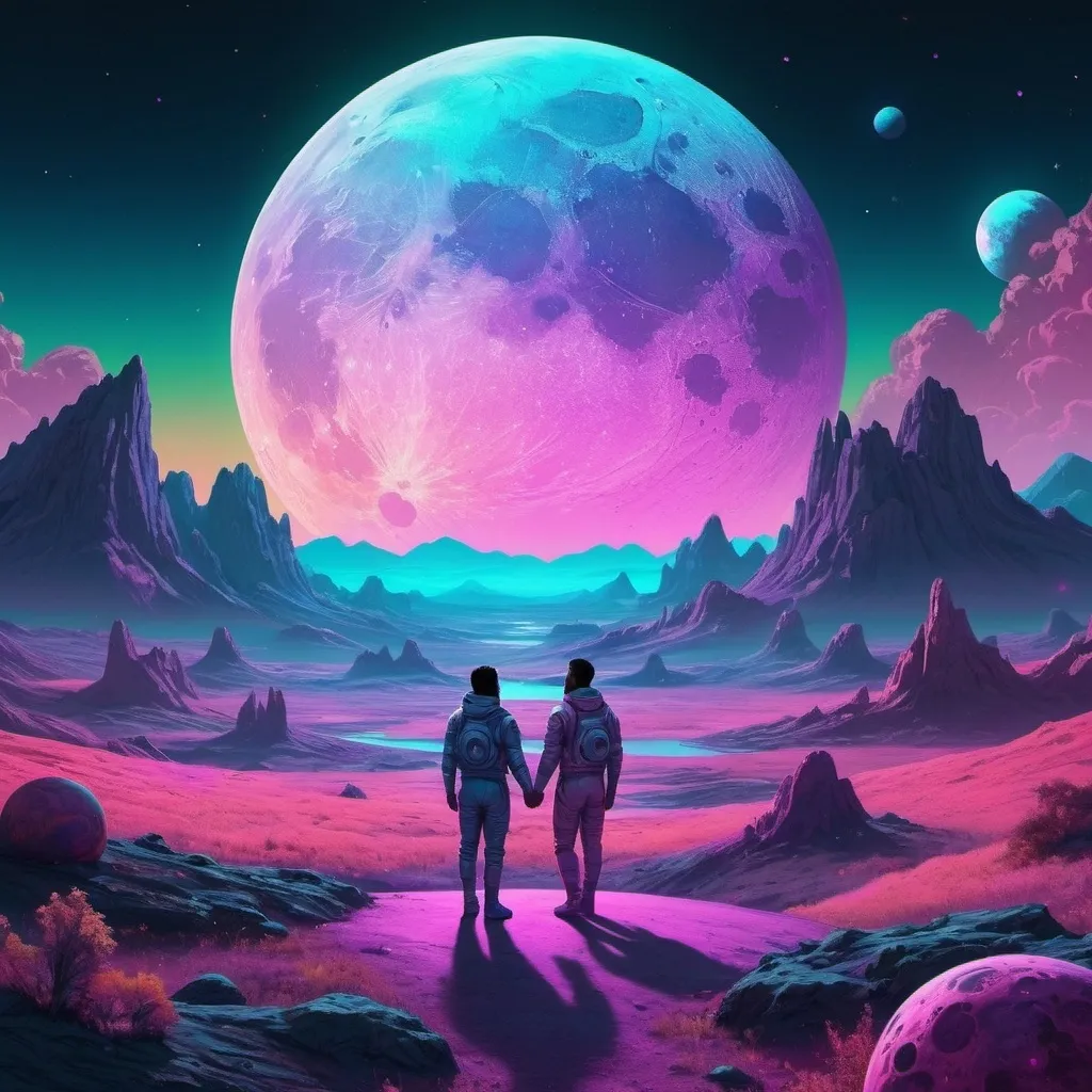 Prompt: A couple the moon, planets, and the cosmos setting over a landscape. Neon iridescent aesthetic. Highly detailed.