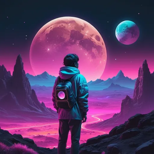 Prompt: A person watching the moon, planets, and the cosmos setting over a landscape. Neon aesthetic. 