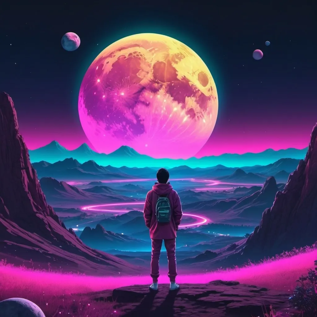 Prompt: A person watching the moon, planets, and cosmos setting over a landscape. Neon aesthetic. 