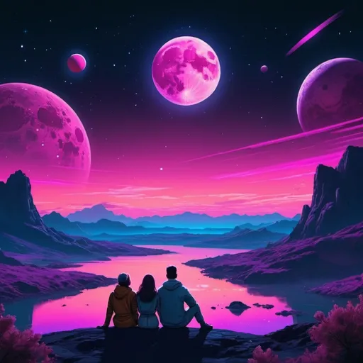 Prompt: A couple watching the moon, planets and the cosmos setting over a landscape. Neon aesthetic. 