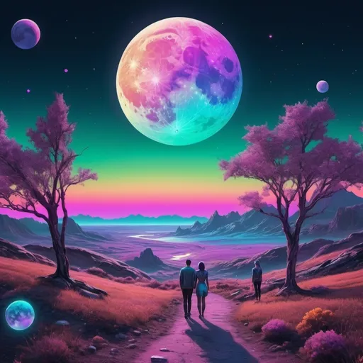 Prompt: A couple the moon, planets, and the cosmos setting over a landscape. Neon iridescent aesthetic. Highly detailed.