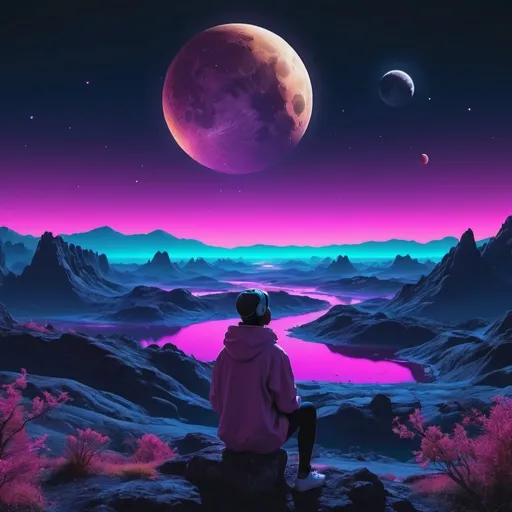 Prompt: A person watching planets, the moon, and the cosmos over a landscape. Neon aesthetic. 