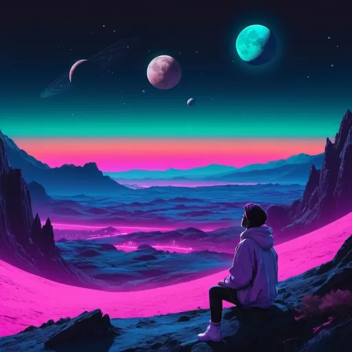 Prompt: A person watching planets, the moon, and the cosmos over a landscape. Neon aesthetic. 