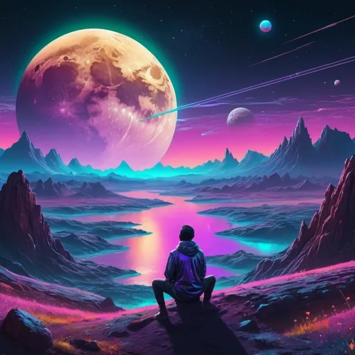 Prompt: A person watching the moon, planets, and the cosmos setting over a landscape. Neon iridescent aesthetic. Highly detailed.