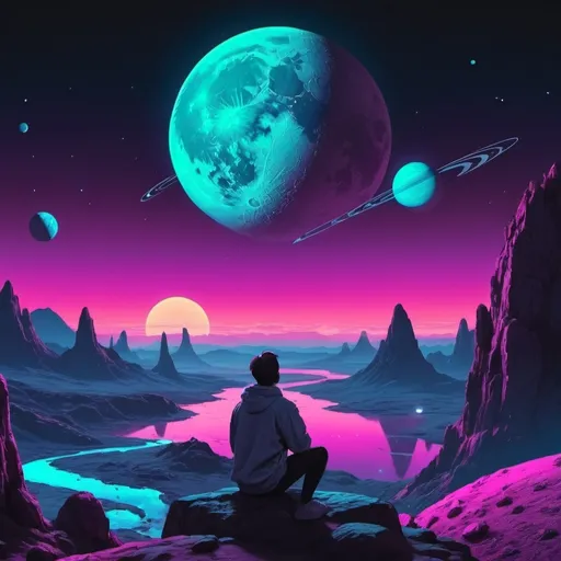 Prompt: A person watching planets, the moon, and the cosmos over a landscape. Neon aesthetic. 