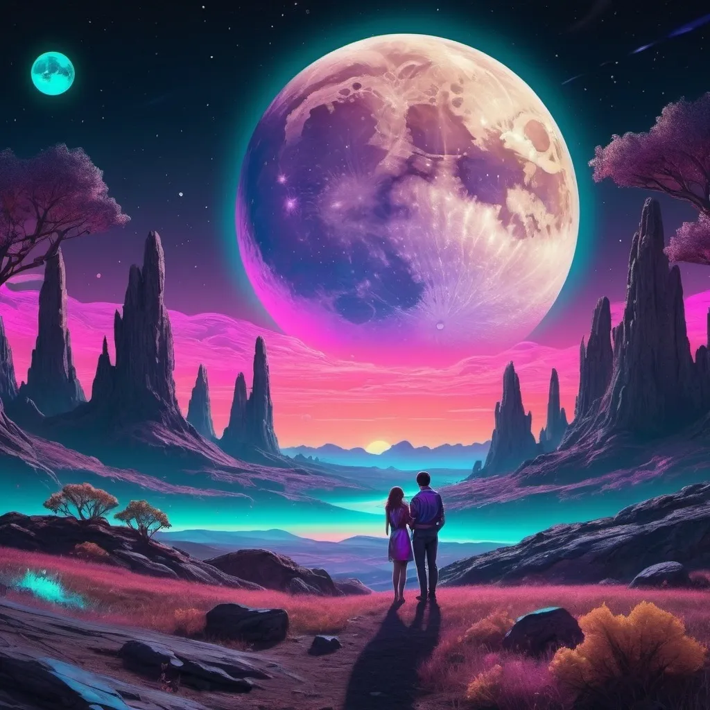 Prompt: A couple the moon, planets, and the cosmos setting over a landscape. Neon iridescent aesthetic. Highly detailed.