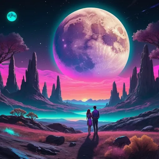 Prompt: A couple the moon, planets, and the cosmos setting over a landscape. Neon iridescent aesthetic. Highly detailed.