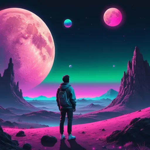 Prompt: A person watching planets, the moon, and the cosmos over a landscape. Neon aesthetic. 