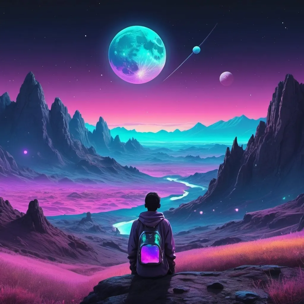 Prompt: A person watching the moon, planets, and the cosmos setting over a landscape. Neon iridescent aesthetic. Highly detailed.