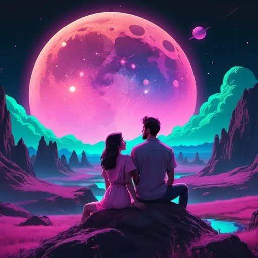 Prompt: A passionate couple watching the moon, planets, and the cosmos setting over a landscape. Neon aesthetic. 