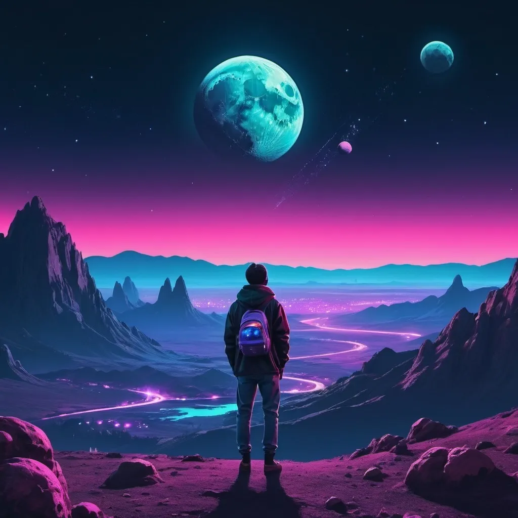 Prompt: A person watching the moon, planets, and cosmos setting over a landscape. Neon aesthetic. 